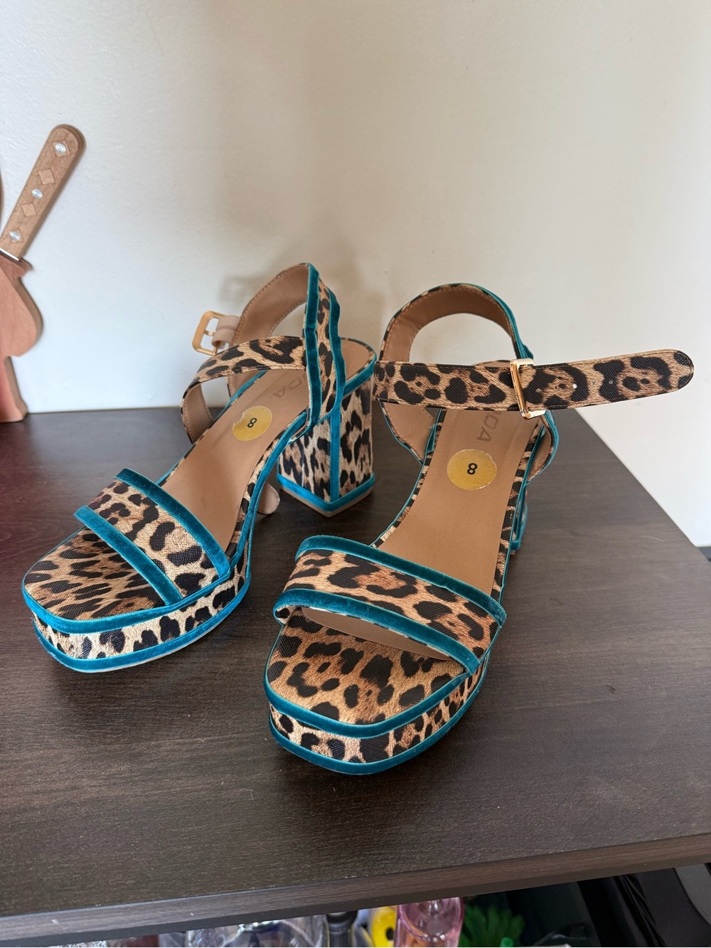 Soda Leopard Print Platform Sandals with Teal Trim